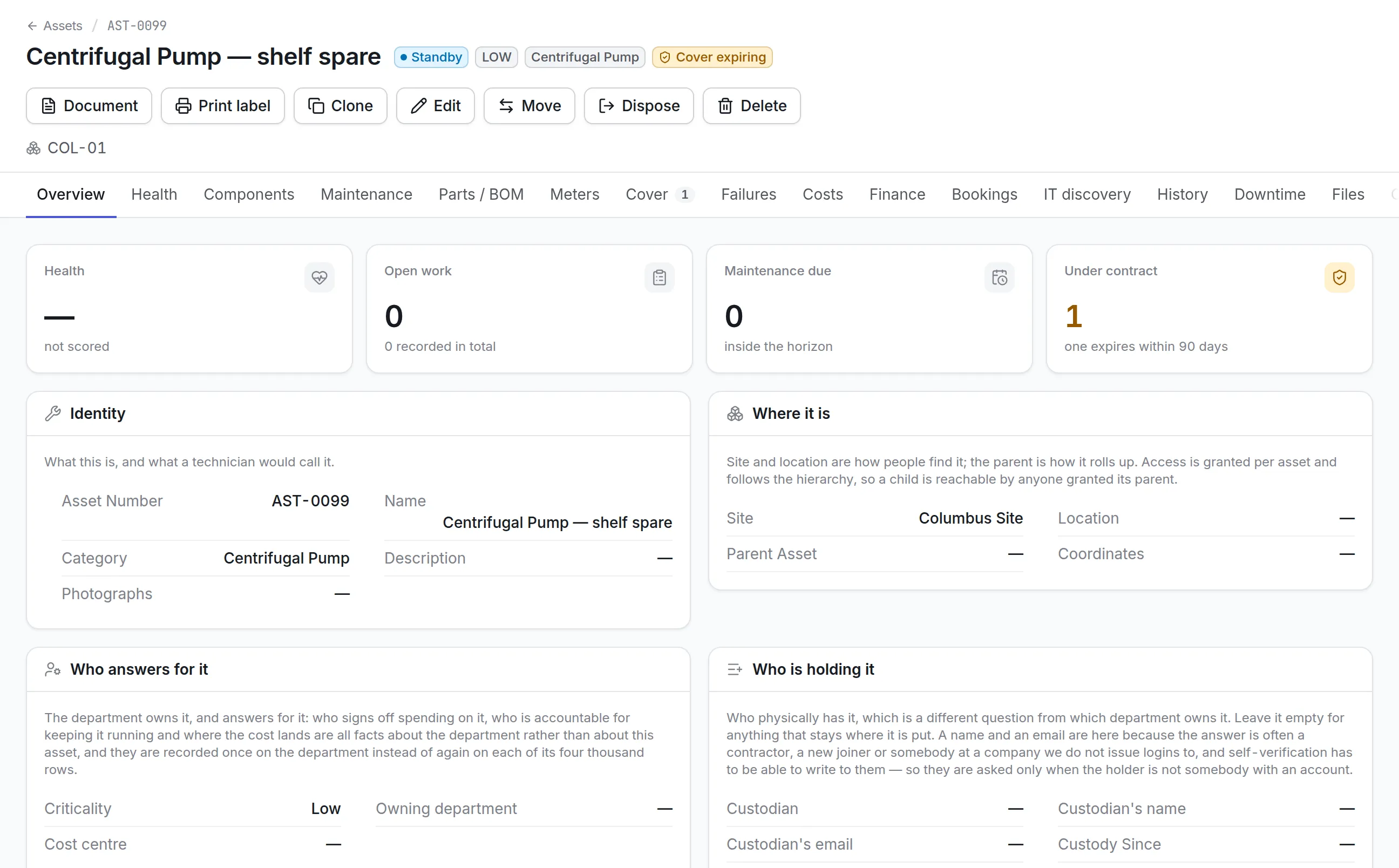 An asset record for a standby centrifugal pump at the Columbus site, with Edit, Move, Dispose and Delete actions, a History tab, a note that access is granted per asset and follows the hierarchy, and an empty custodian section