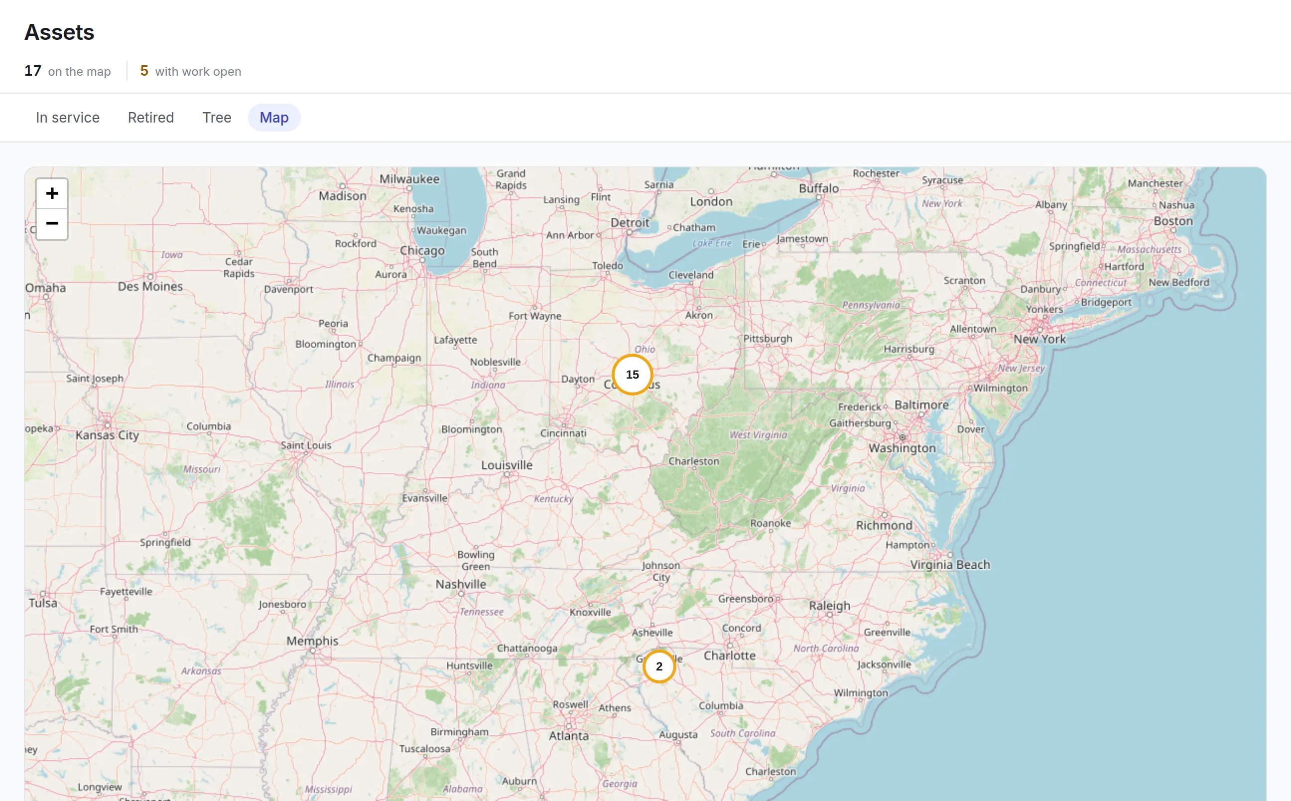 The Assets map showing 17 assets across two sites, a cluster of 15 at Columbus, Ohio and 2 at Greenville, South Carolina, with 5 assets that have work open