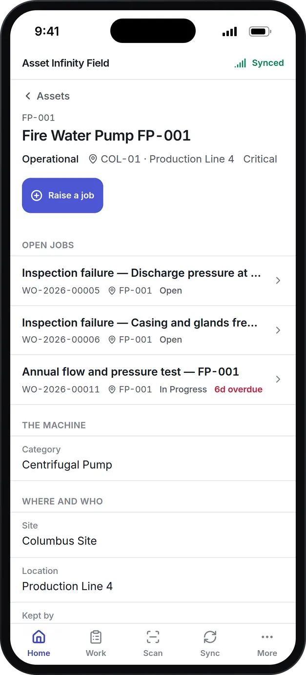 Fire Water Pump FP-001 on the technician app, with its three open jobs and a button to raise another