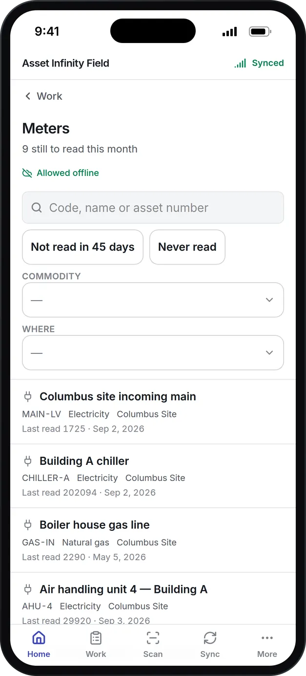 Meters to read on the technician app: 9 still to read this month, allowed offline