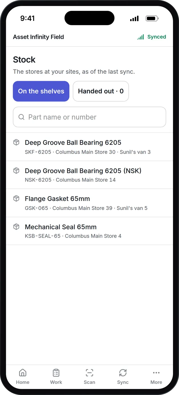 Stock on the technician app: parts on the shelves at your sites and in your van