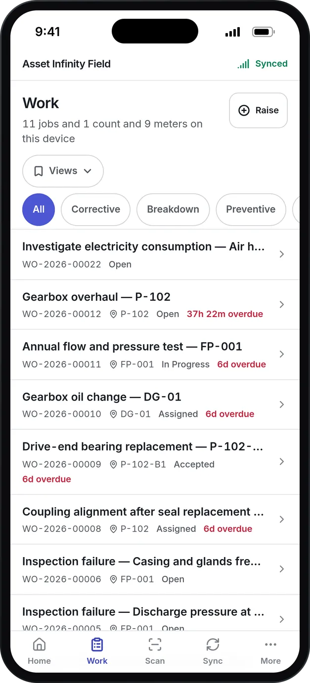 The work list on the technician app: 11 jobs, 1 count and 9 meters on the handset, filtered by kind of work