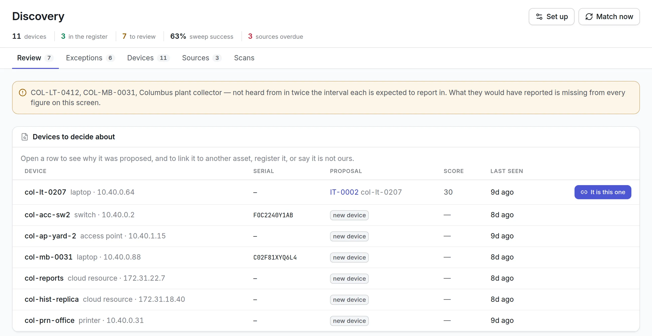 The discovery review screen: 11 devices found, 3 already in the register and 7 waiting for review