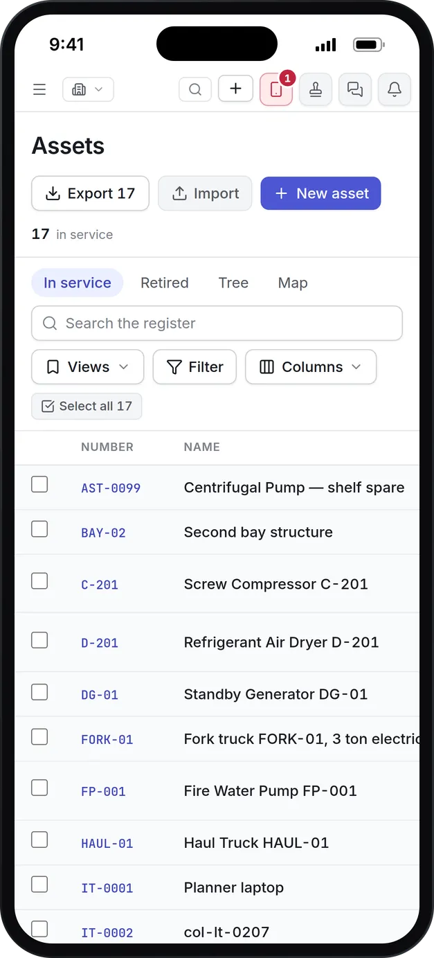 The asset register on a phone, 17 assets in service