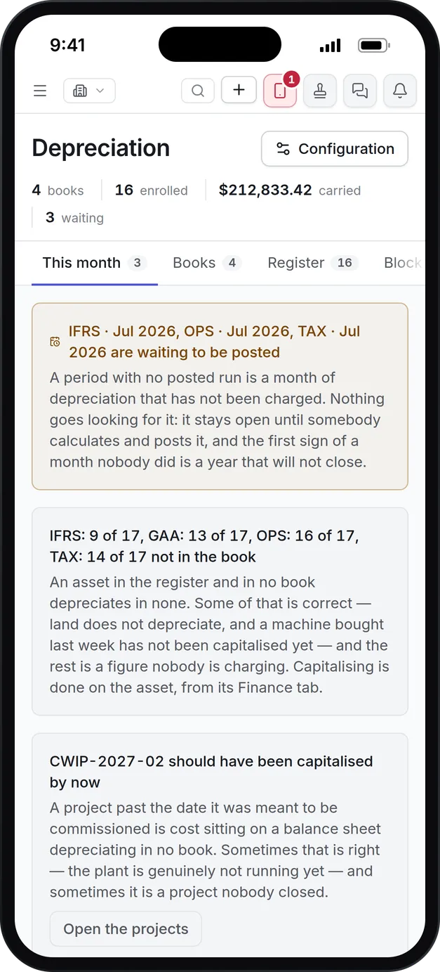 Depreciation on a phone: 4 books, 16 assets enrolled and the periods waiting to post