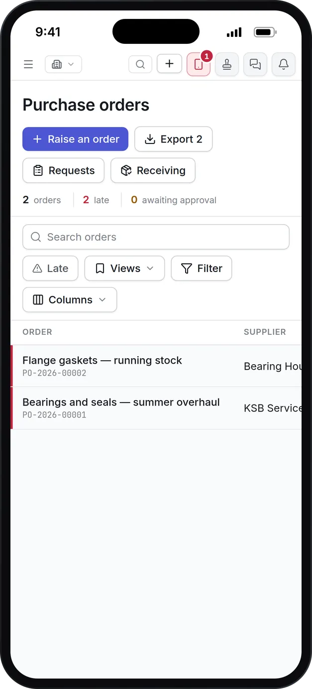 Purchase orders on a phone: 2 orders, 2 late