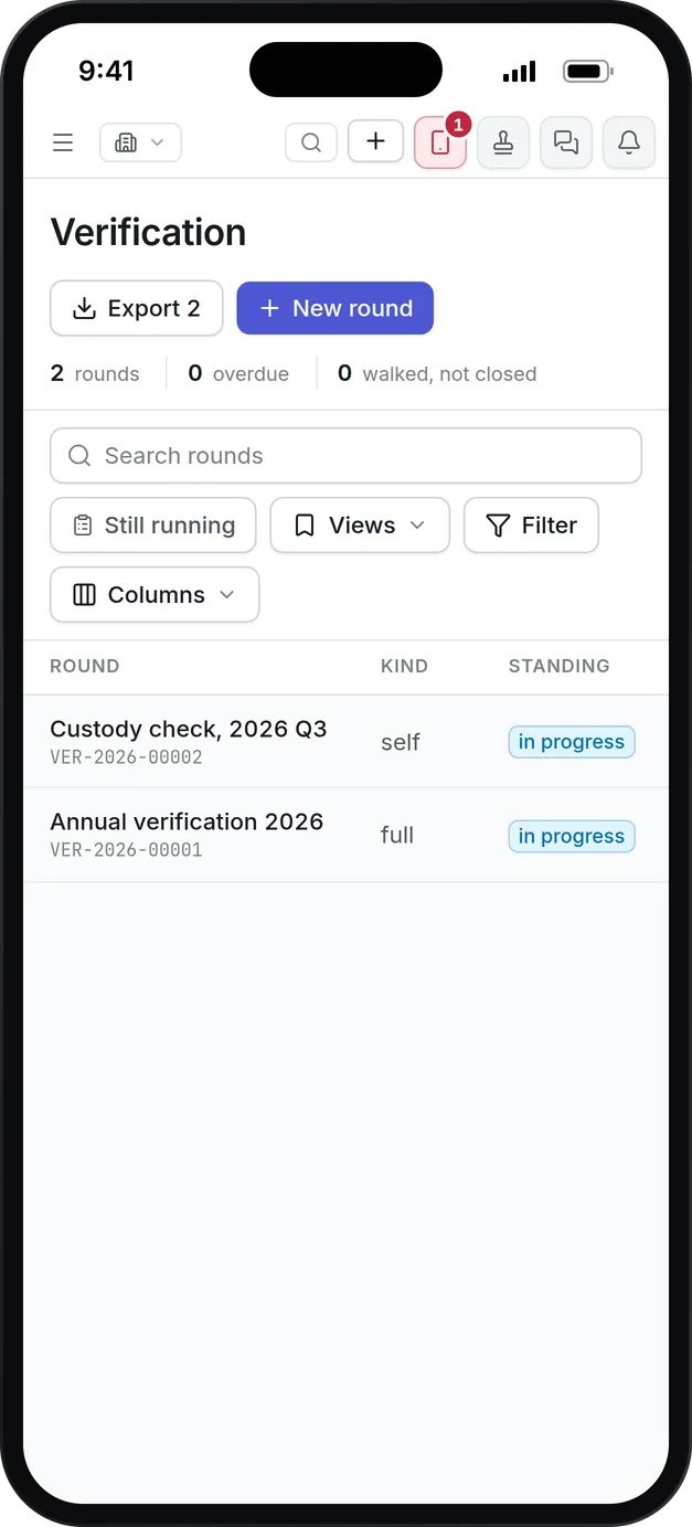 Verification rounds on a phone: the annual count and a custody check in progress