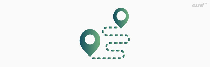 Illustration of two map pins joined by a dotted route, showing GPS asset tracking