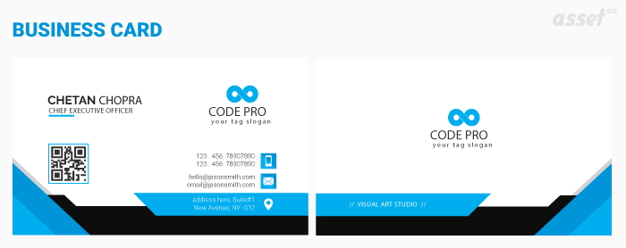 A business card with a QR code printed beside the contact details
