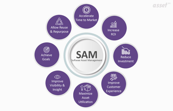 Diagram of software asset management: inventory, license compliance, audits and redeployment