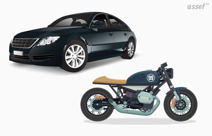 Illustration of luxury cars and a motorcycle in a garage, each one a tracked asset