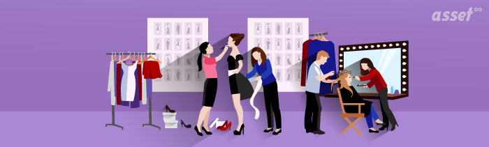 Illustration of stylists dressing a celebrity backstage, with clothing racks and a makeup mirror