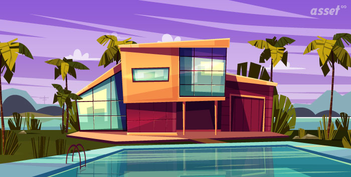 Illustration of a large modern house with its fittings and appliances