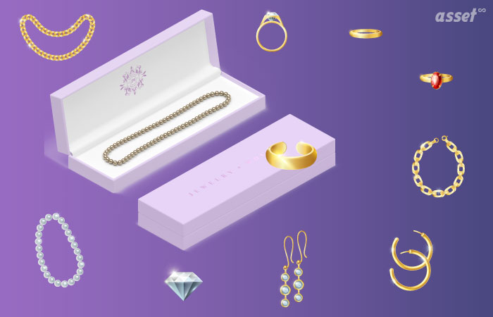 Illustration of rings, necklaces and other jewelry pieces being tracked