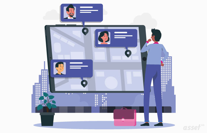 Illustration of a manager reviewing an employee's record of assets issued over time