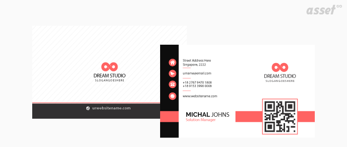 A business card design with a QR code printed beside the contact details