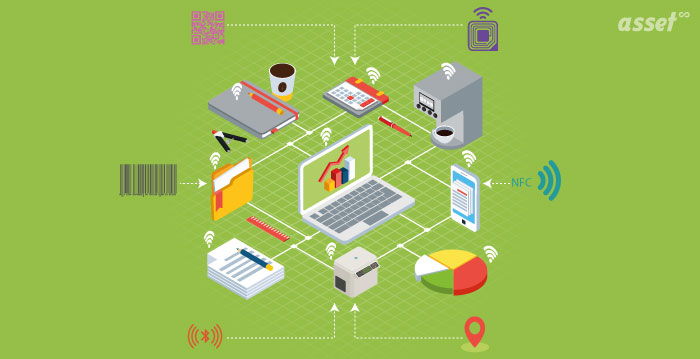 Illustration of asset tracking methods and techniques, from barcodes to IoT